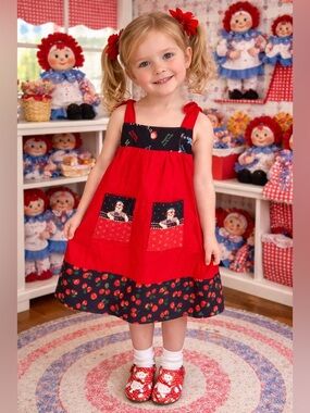Vintage 80s Handmade Raggedy Ann – Red Patchwork Pinafore Apron Dress